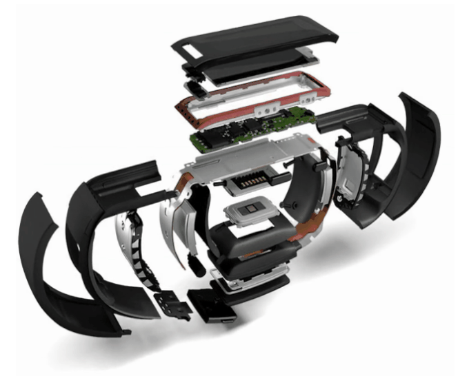 Exploded view of Microsoft Band hardware showing display, battery, sensors, casing, and internal components