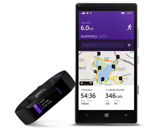 Microsoft Band wearable beside a phone showing a running summary with route, heart-rate, and pace data